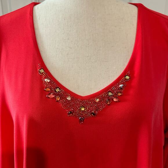 Susan Graver Womens Large Pullover Blouse Top Red Embellished Neck Layered Look - Picture 5 of 9